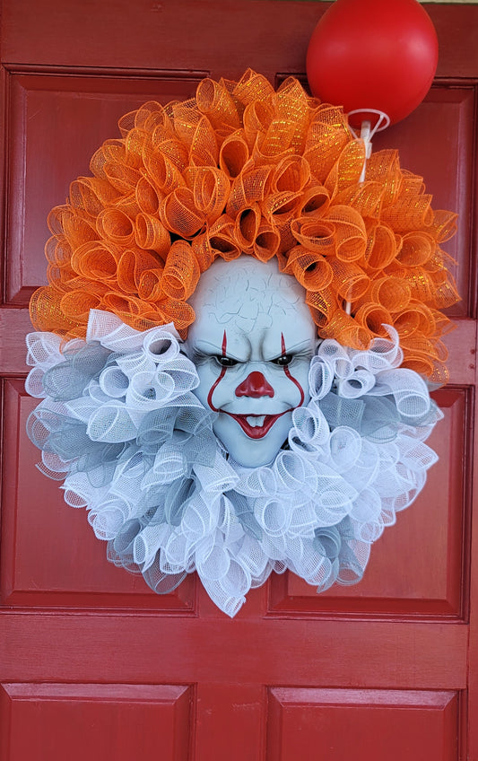 Coulrophobia Clown Halloween Wreath with orange hair, white ruffle and red balloon