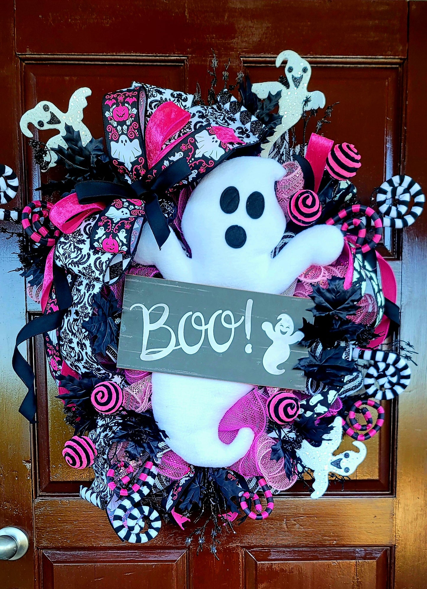 Pink & Black Glam Ghost Halloween Wreath