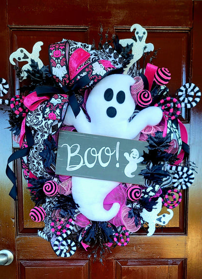 Pink & Black Glam Ghost Halloween Wreath