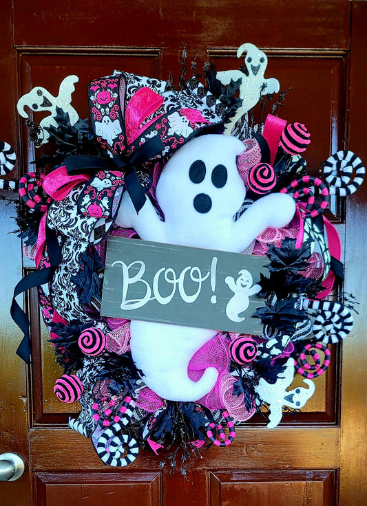Handmade Pink & Black Glam Ghost Halloween Wreath by Wreaths by Raquel