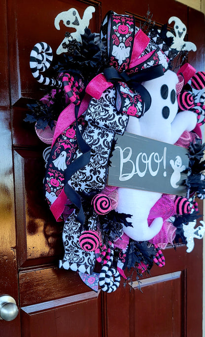 Pink & Black Glam Ghost Halloween Wreath
