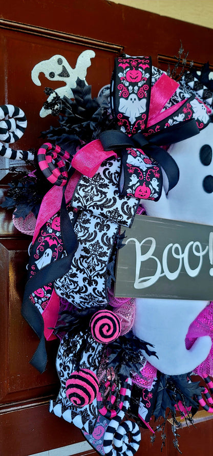 Pink & Black Glam Ghost Halloween Wreath