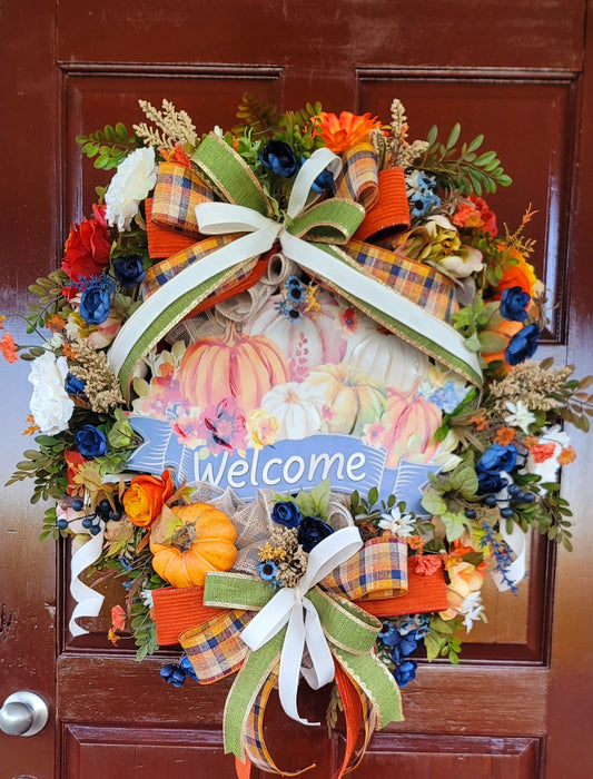 Handmade Fall Welcome Pumpkin Front Door Wreath by Wreaths by Raquel