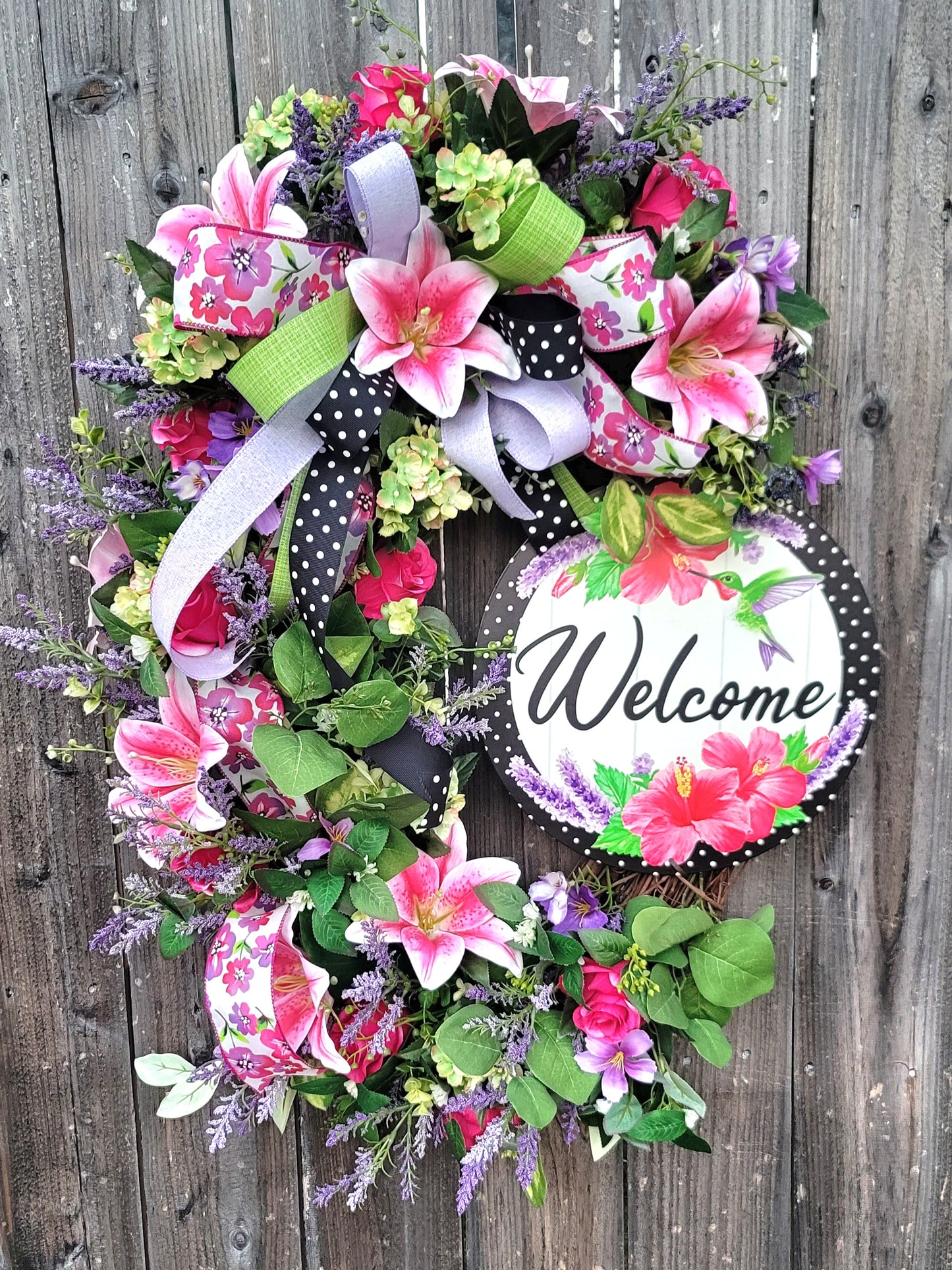 Spring Summer Welcome Wreath for Front Door – Pink Lily, Lavender & Hummingbird Hibiscus Sign, Handmade Floral Porch Decor