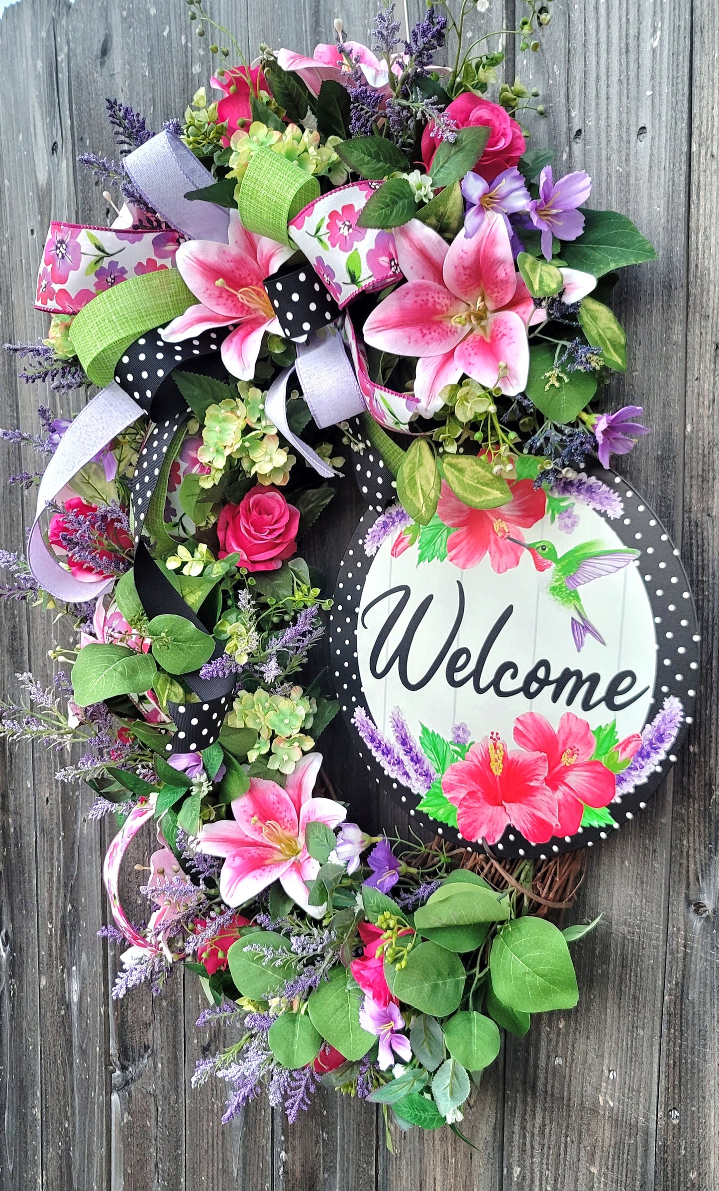 Spring Summer Welcome Wreath for Front Door – Pink Lily, Lavender & Hummingbird Hibiscus Sign, Handmade Floral Porch Decor