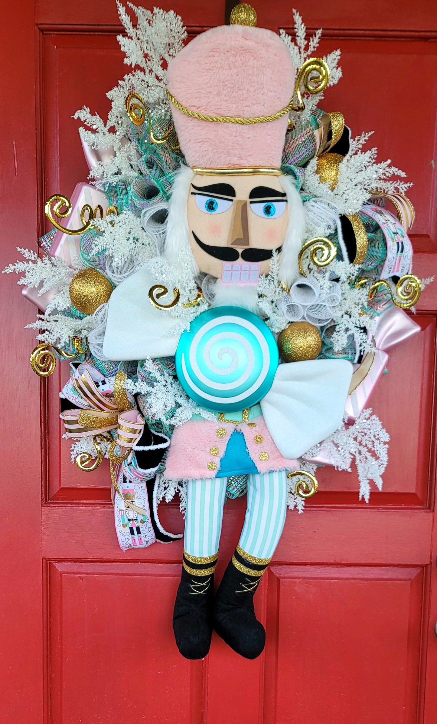 Pastel Nutcracker Christmas Wreath – Whimsical Pink & Teal Candy Nutcracker Front Door Holiday Decor, Luxury Christmas Wreath
