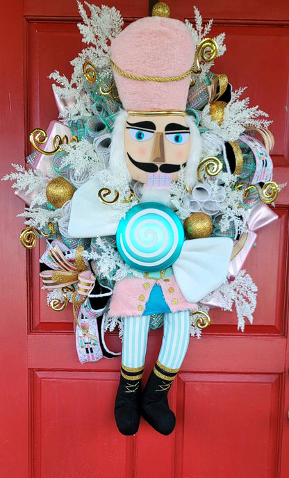 Pastel Nutcracker Christmas Wreath – Whimsical Pink & Teal Candy Nutcracker Front Door Holiday Decor, Luxury Christmas Wreath