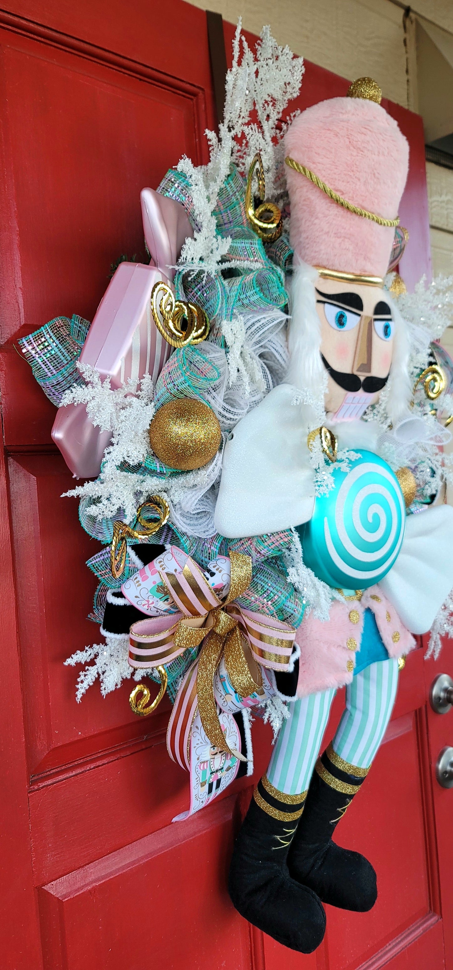 Pastel Nutcracker Christmas Wreath – Whimsical Pink & Teal Candy Nutcracker Front Door Holiday Decor, Luxury Christmas Wreath
