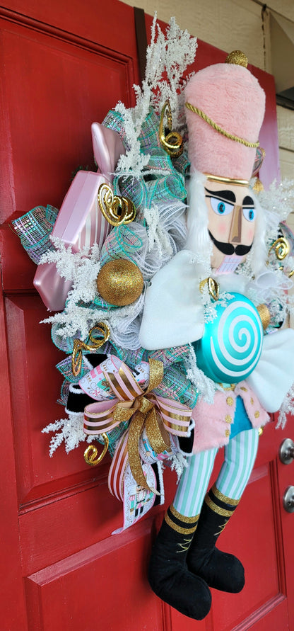Pastel Nutcracker Christmas Wreath – Whimsical Pink & Teal Candy Nutcracker Front Door Holiday Decor, Luxury Christmas Wreath