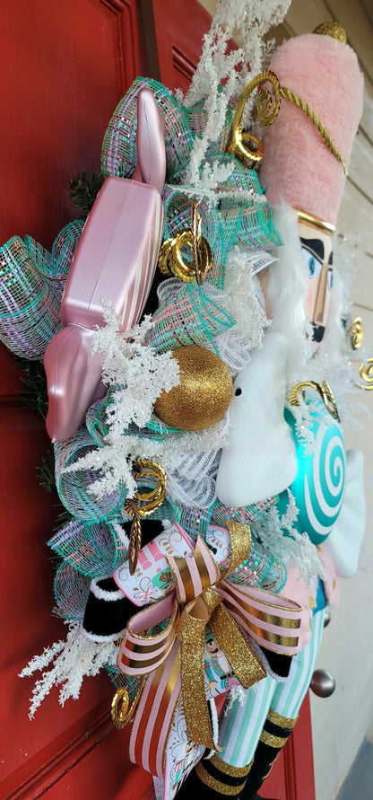 Pastel Nutcracker Christmas Wreath – Whimsical Pink & Teal Candy Nutcracker Front Door Holiday Decor, Luxury Christmas Wreath