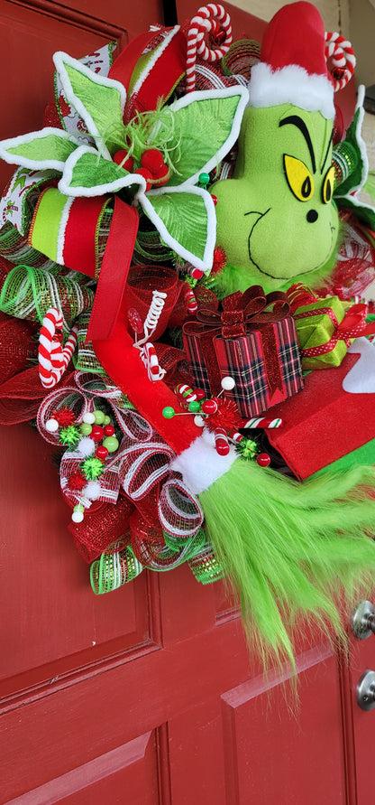 Whimsical Green Christmas Character Wreath – Red & Green Candy Holiday Front Door Decor, Luxury Christmas Wreath