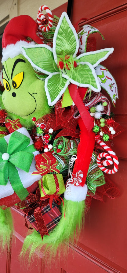 Whimsical Green Christmas Character Wreath – Red & Green Candy Holiday Front Door Decor, Luxury Christmas Wreath