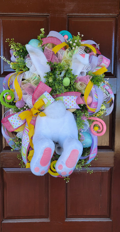 Easter Bunny Butt Wreath – Pastel Spring Door Decor with Plush Bunny, Mesh Ribbon & Eggs – Handmade Easter Front Door Wreath
