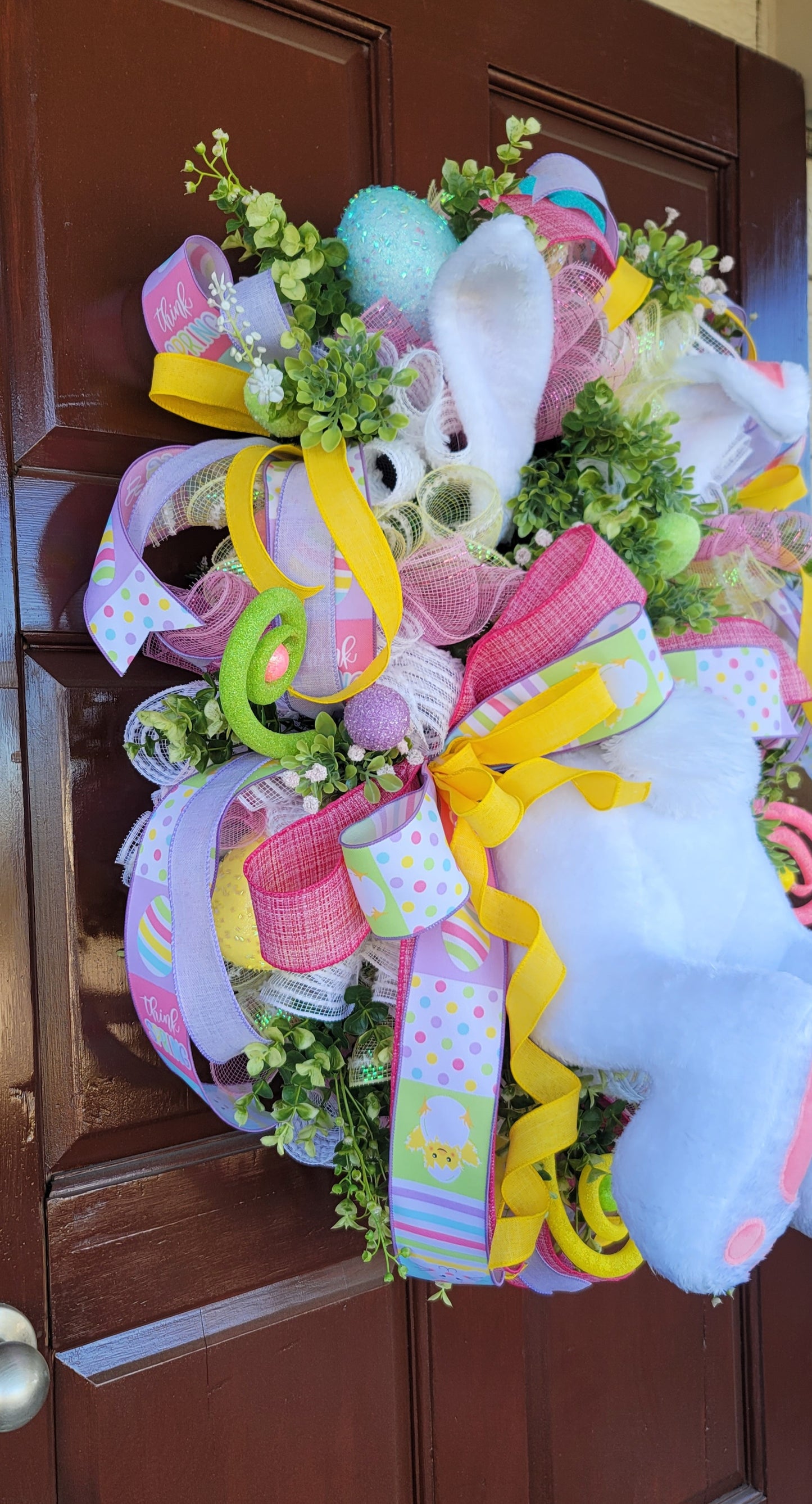 Easter Bunny Butt Wreath – Pastel Spring Door Decor with Plush Bunny, Mesh Ribbon & Eggs – Handmade Easter Front Door Wreath