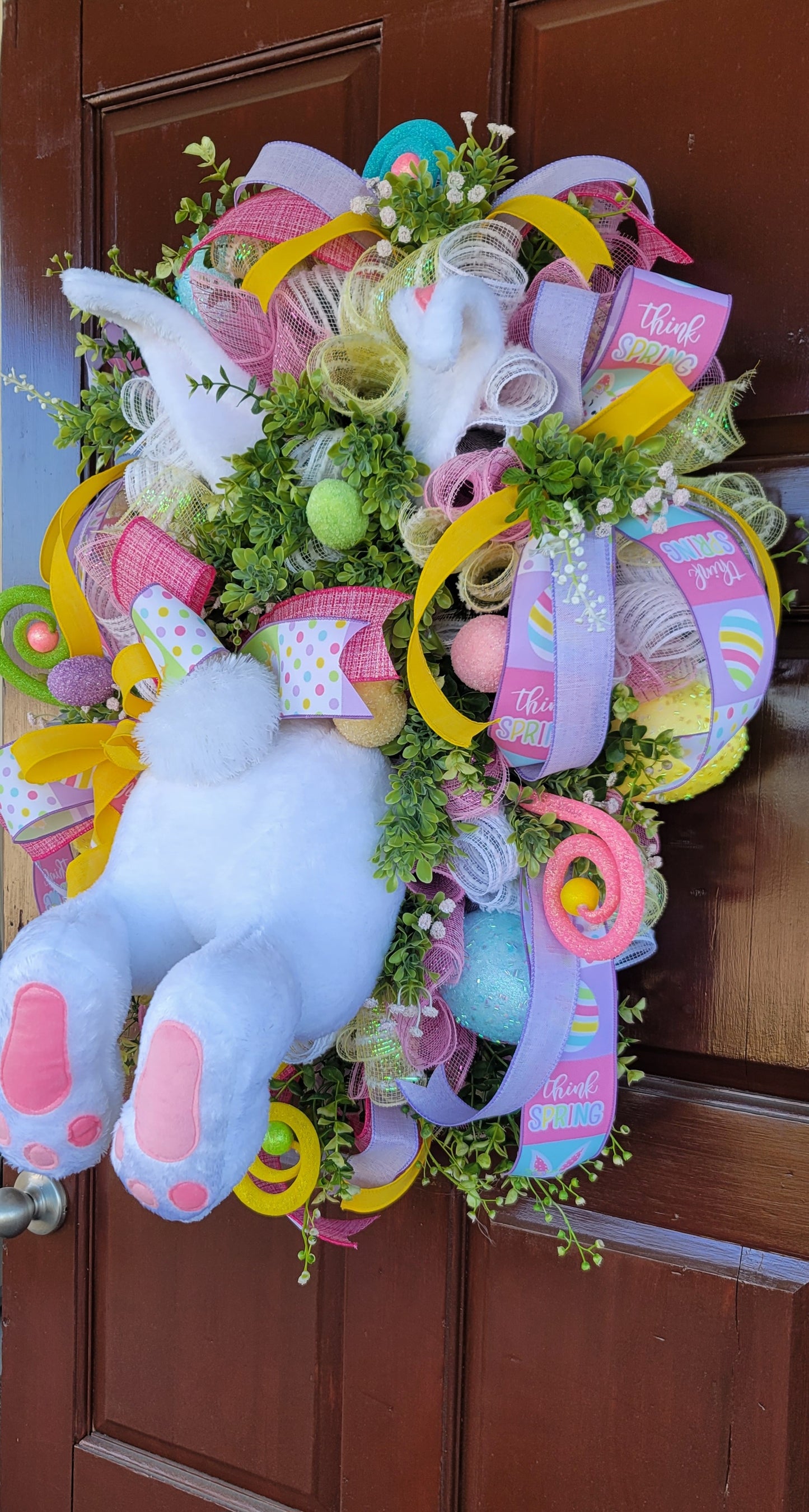 Easter Bunny Butt Wreath – Pastel Spring Door Decor with Plush Bunny, Mesh Ribbon & Eggs – Handmade Easter Front Door Wreath