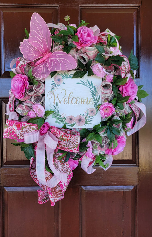 Handmade Pink Butterfly Spring Welcome Wreath by Wreaths by Raquel