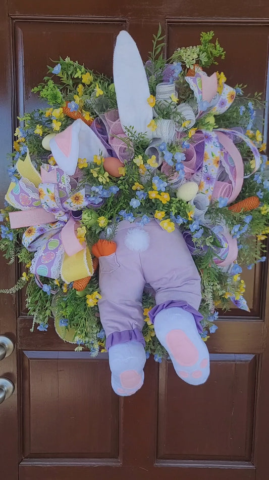 Easter Bunny Butt Wreath for Front Door – Handmade Spring Wreath with Easter Eggs, Pastel Ribbon & Wildflowers, Cute Bunny Door Decor