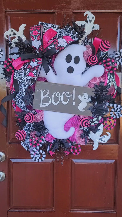 Pink & Black Glam Ghost Halloween Wreath