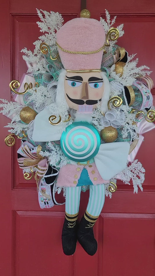 Pastel Nutcracker Christmas Wreath – Whimsical Pink & Teal Candy Nutcracker Front Door Holiday Decor, Luxury Christmas Wreath