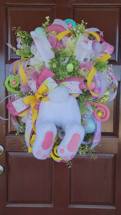 Easter Bunny Butt Wreath – Pastel Spring Door Decor with Plush Bunny, Mesh Ribbon & Eggs – Handmade Easter Front Door Wreath