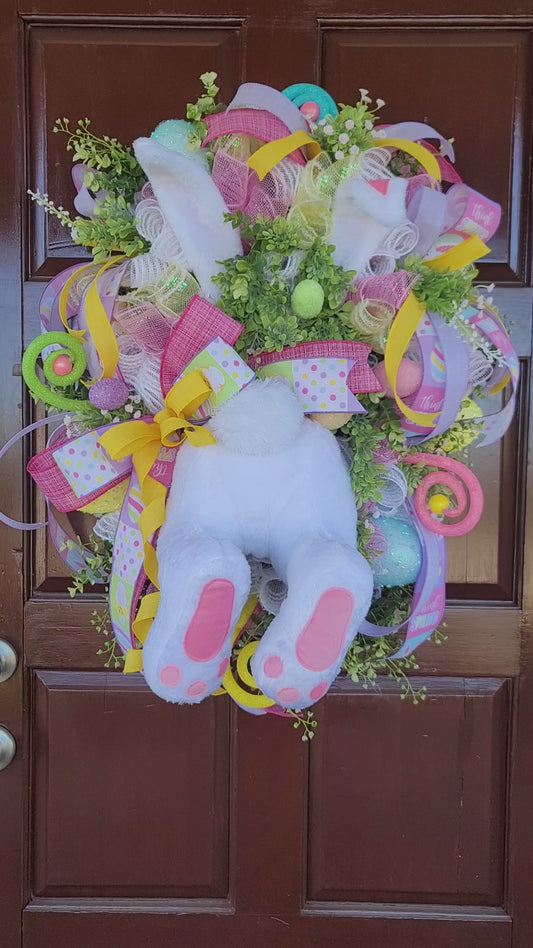 Easter Bunny Butt Wreath – Pastel Spring Door Decor with Plush Bunny, Mesh Ribbon & Eggs – Handmade Easter Front Door Wreath