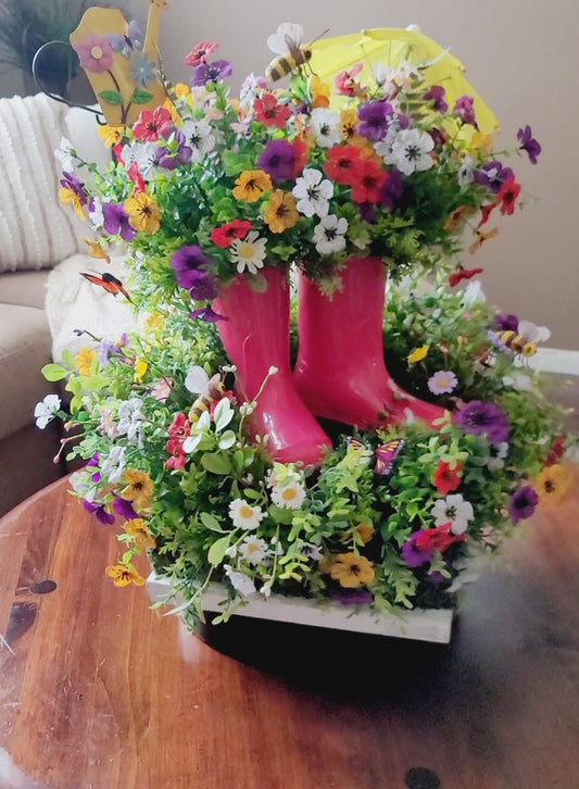 Spring Flower Centerpiece – Pink Rain Boots Arrangement – Garden Home Décor