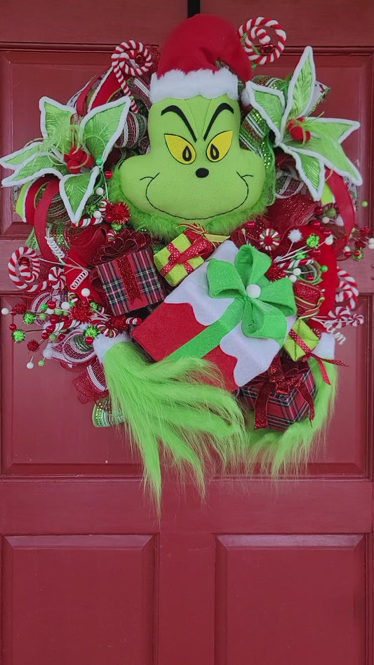 Whimsical Green Christmas Character Wreath – Red & Green Candy Holiday Front Door Decor, Luxury Christmas Wreath