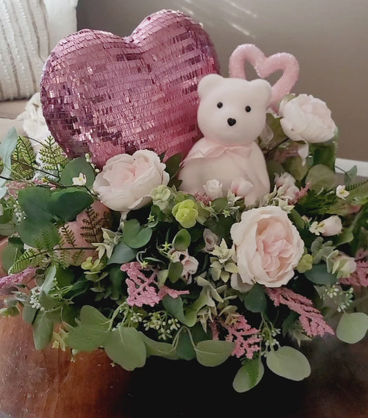 Valentine’s Day Table Centerpiece – Teddy Bear Heart Floral Arrangement – Romantic Home Décor