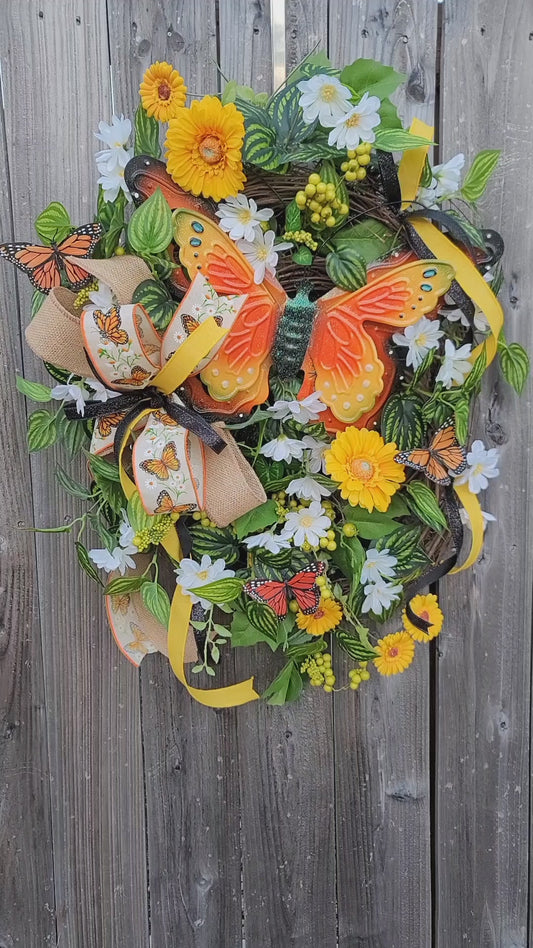 Monarch Butterfly Wreath for Front Door – Handmade Spring Summer Floral Wreath with Yellow Flowers, White Daisies & Burlap Bow Porch Deco