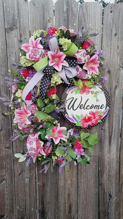Spring Summer Welcome Wreath for Front Door – Pink Lily, Lavender & Hummingbird Hibiscus Sign, Handmade Floral Porch Decor