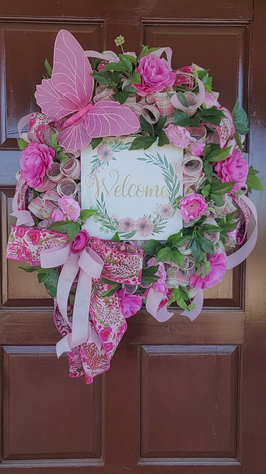 Spring Pink Butterfly Wreath for Front Door, Floral Welcome Wreath, Peony Mesh Wreath, Large Handmade Door Hanger, Outdoor Porch Decor, Mother’s Day Gift